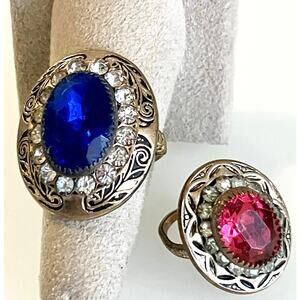 Antique Cocktail Rings Victorian Art Deco Etched Brass & Glass Cabochon Jewel